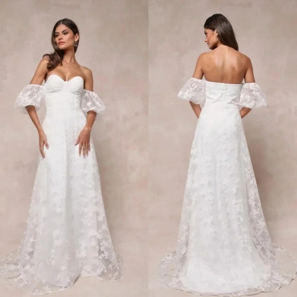 Lulu's Romantic Dedication White Floral Off-the-Shoulder Gown Wedding Party - Picture 1 of 12